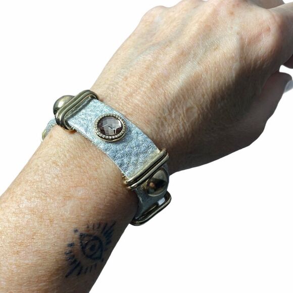 Tasha Silver metallic leather rhinestone bracelet - Picture 1 of 10